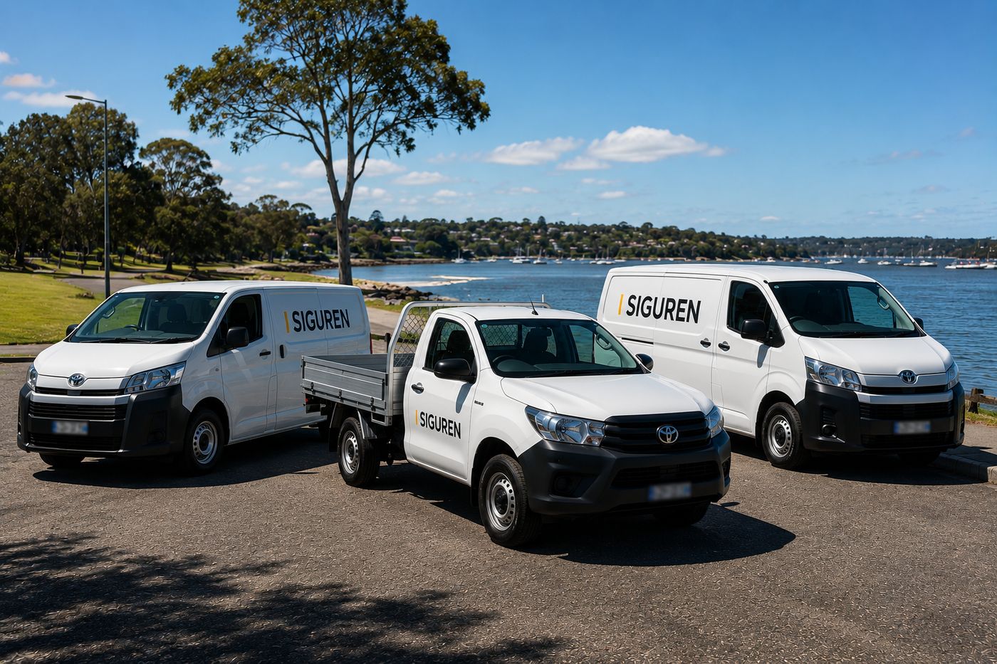 Siguren branded service fleet of vans and a utility vehicle