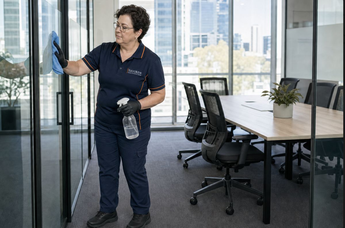 Siguren team cleaning a modern commercial office space