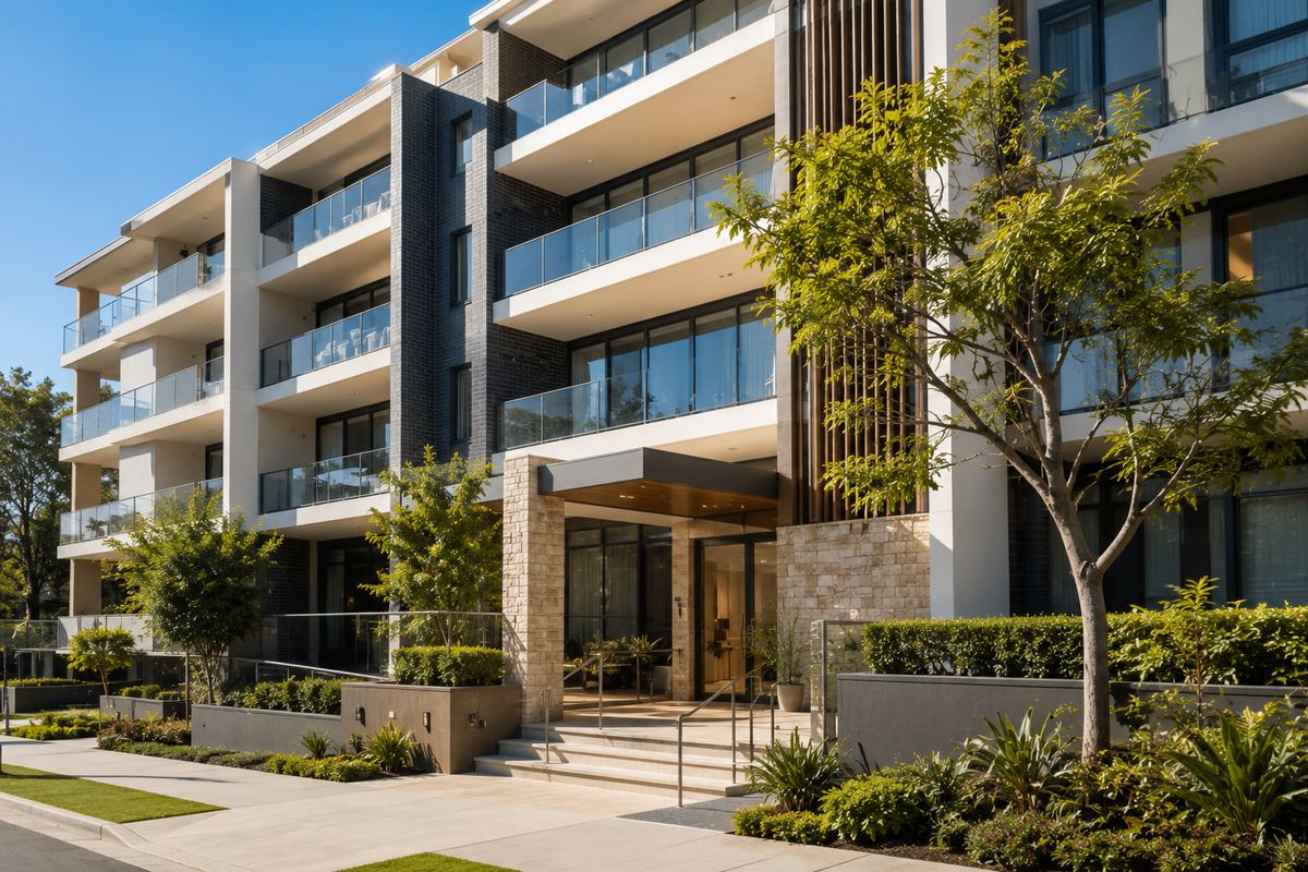 Well-presented modern strata apartment building with landscaped entrance